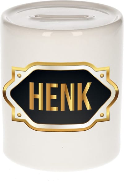 Spaarpot met voornaam Henk - wit - met goud/zwart embleem - 8 x 9 cm - keramiek - met afsluitdop - cadeau verjaardag