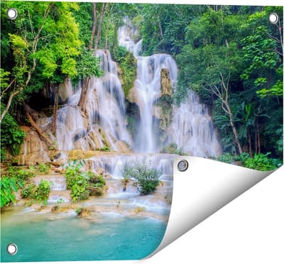 Gards Tuinposter Waterval in het Tropische Natuur - 50x40 cm - Tuindoek - Tuindecoratie - Wanddecoratie buiten - Tuinschilderij