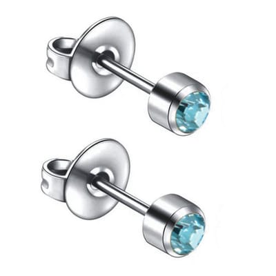 Caflon 4mm titanium oorknopjes voor oorschieter hypoallergeen steriel verpakt met licht blauw kristal steentje geboortesteen maart aquamarijn