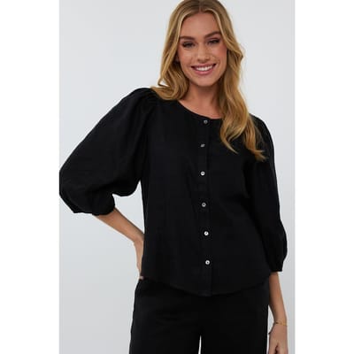 EsQualo Blouse R-neck Linen Black Maat: XS | Longsleeves Outlet | Dames | Zwart