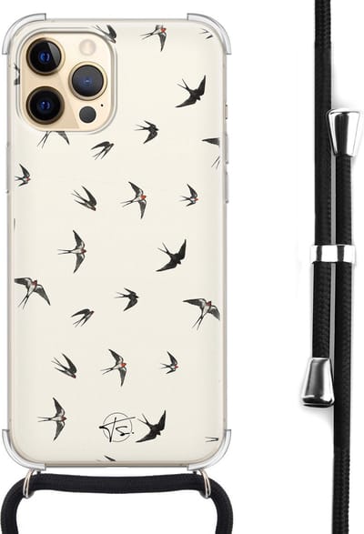 Hoesje met koord geschikt voor iPhone 12 Pro Max - Vogels / Birds - Inclusief zwart koord - Crossbody beschermhoes - Transparant, Beige - Mooie Telefoonhoesjes