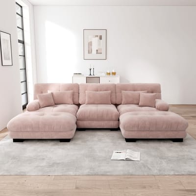 Luxe hoekbank - U-vormige bank, geschikt voor de woonkamer, slaapbank met voetenbank, roze