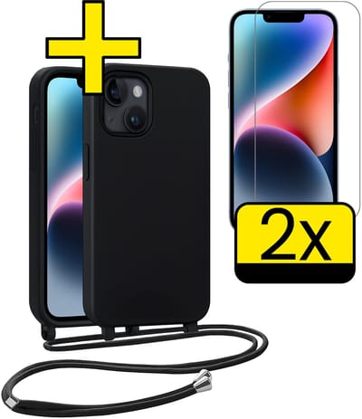 Hoesje Geschikt voor iPhone 13 Mini Hoesje Met Koord Met 2x Screenprotector Siliconen Case - Hoes Geschikt voor iPhone 13 Mini Backcover Met Afneembaar Koord - Zwart