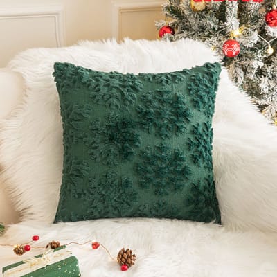 Qelus Kerstversiering Kussenhoes 45x45 cm - Zacht Pluche Sneeuwvlok Borduurwerk - met Onzichtbare Rits - Zonder Binnenkussen - Decoratief voor Bank & Woonkamer - Groen