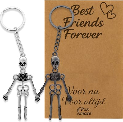 BFF Sleutelhanger voor 2 'Best Friends Forever' - Magnetische Skeletjes - Sleutelhangers op Cadeau Kaartje - Zilverkleurig & Zwart - Vriendschap Symbool - Pax Amare