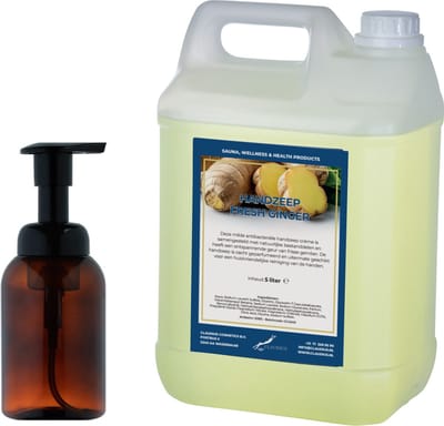 Zeepdispenser 300 ml amber bruin hervulbaar + 5 liter Handzeep Fresh Ginger navulling