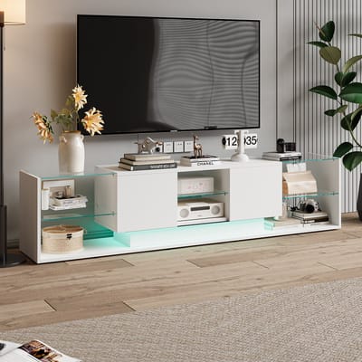 Moderne tv-kast, tv-standaard met 2 lades en 6 open planken, 200 x 35 x 45 cm, hoogglans led-tv-lowboard voor woonkamer en eetkamer, Wit (splitsen voor 2 pakketten voor verzending)