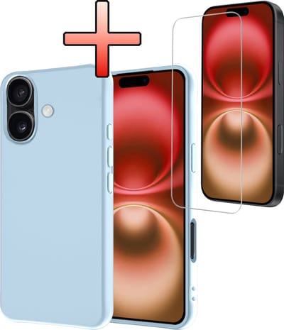 Hoesje - Met Screenprotector - Geschikt voor Apple iPhone 16 - Sterk & Shockproof - Back Cover - Siliconen Case - Telefoon Hoes - Lichtblauw