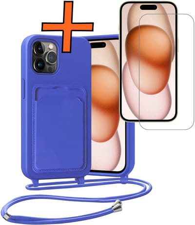 Hoesje Geschikt voor iPhone 15 Pro Hoesje Met Telefoonketting Pasjeshouder Case Met Screenprotector Koord - Hoesje Geschikt voor iPhone 15 Pro Hoes Met Kaarthouder - Felblauw