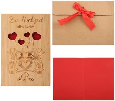Dailygoods- Bruiloftskaart Bamboehout - Gepersonaliseerde Wenskaart - Romantische Auto/Hartgravure - Kraftpapieren Envelop - Rode Strik - 15 x 11 cm