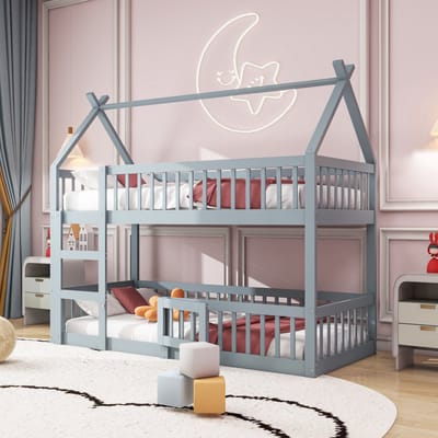 DESMIU Kinder Stapelbed 90x200 cm - Hoog En Laag Familiebed Met Trap En Deur - Opbergruimte En Speelzone Voor Kinderkamer - Massief Hout - Grijs - Zonder Matras