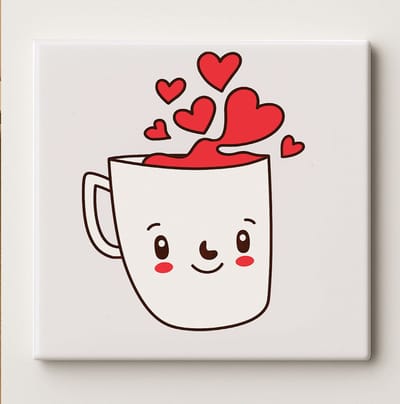 Schattige Lachende Koffiekop met Hartjes – Liefdevolle Kunsttegel | 15x15 cm Keramische Wandtegel voor Koffieliefhebbers & Keukendecoratie