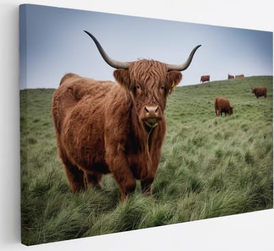 Saammp Canvas Schilderij - Schotse Hooglander Koe Familie in het gras - Dieren - Natuur - 30x20 - Foto op canvas - Wanddecoratie - muurdecoratie Woonkamer - Slaapkamer decoratie - Canvas Print