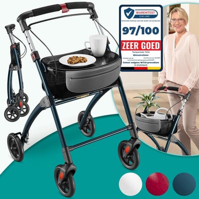 ELONEO Lichtgewicht Rollator voor Binnen - 54 cm Breed, Opvouwbaar Looprek met Dienblad en Stoffen Mandje, Smalle Rollator van Aluminium, Inklapbaar Mobiliteitshulpmiddel, Antraciet