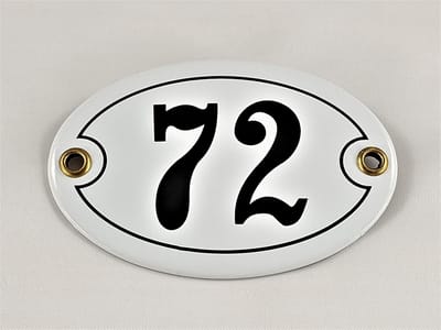 Ovaal Emaille Huisnummer Bord nr. 72 Wit Zwart Handgemaakt Weerbestendig