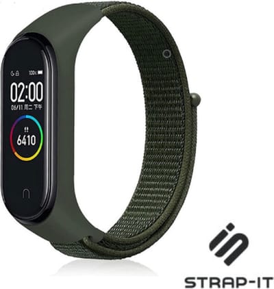 Nylon Smartwatch bandje - Geschikt voor Xiaomi Mi Band 3 / 4 nylon bandje - legergroen - Strap-it Horlogeband / Polsband / Armband