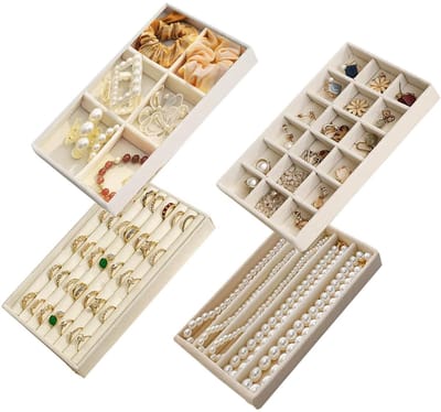 Dailygoods- Sieraden Organizer Set van 4 - Fluwelen Sieradenlade - Sieraden Opbergen - Sieraden Display - Oorbellen/Ringen/Kettingen - Hoogwaardige Kwaliteit - Sieradenopberger