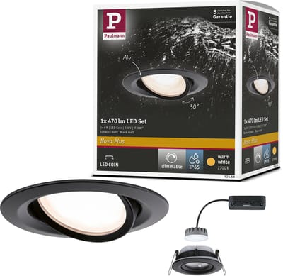 LED-inbouwlamp Nova Plus Coin Enkele lamp zwenkbaar IP65 rond 93 mm 30° Coin 6W 470lm 230V dimbaar 2700K Zwart mat