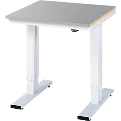 Rau werktafel Adlatus, elektrisch in hoogte verstelbaar, 25 mm MDF-plaat met roestvrijstalen coating, tot 300 kg, B 750 x D 800 x H 720-1120 mm, zilver/lichtgrijs