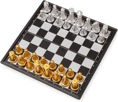 Schaakbord Set - Magnetisch Bord - Reis Spel - Windbestendig Mechanisme - 25x25x2cm - Goud/Zilver