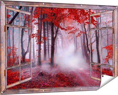 Gards Tuinposter Doorkijk Rood Bos met Bomen - 150x100 cm - Tuindoek - Tuindecoratie - Wanddecoratie buiten - Tuinschilderij