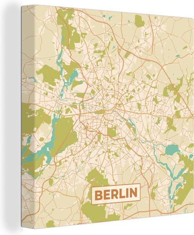 Canvas Schilderij Kaart - Berlin - Plattegrond - Vintage - Stadskaart - 20x20 cm - Wanddecoratie