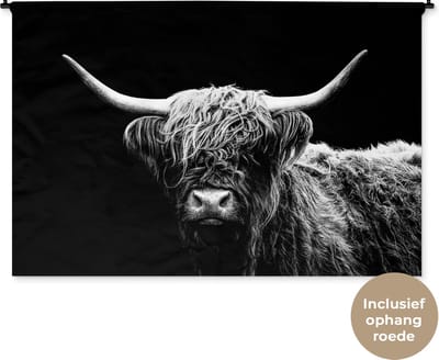 Wandkleed - Wanddoek - Schotse Hooglander - Koe - Zwart - Wit - Dieren - 180x120 cm - Wandtapijt