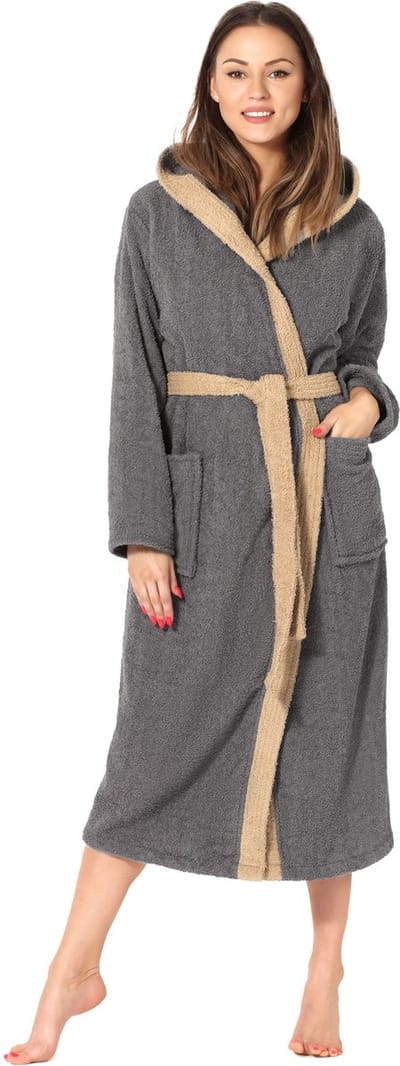 Ladeheid Dames met Capuchon - Wasmachine bestendig - 100% Katoen - Badstof - Donkergrijs/Beige – S – LA-LA40-191-DG