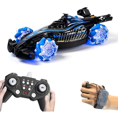 Voiture de cascade télécommandée, véhicule tout-terrain à 360 degrés de rotation avec lumières et son, 3 piles 1 Battery bleu