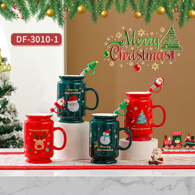 Kerstcadeau Rietjesbeker Cartoon Mok met Handvat Grote Capaciteit Eenvoudige Set Keramische Beker Hittebestendige Waterbeker 450ML red