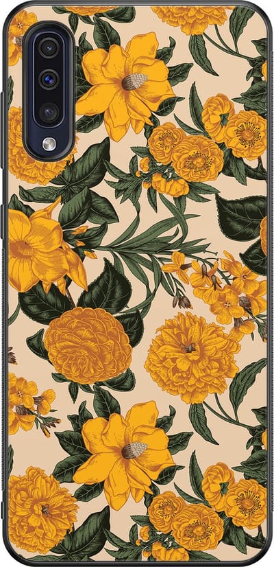 Leuke Telefoonhoesjes - Hoesje geschikt voor Samsung Galaxy A50 - Retro flowers - Backcover zwart - Bloemen - Geel