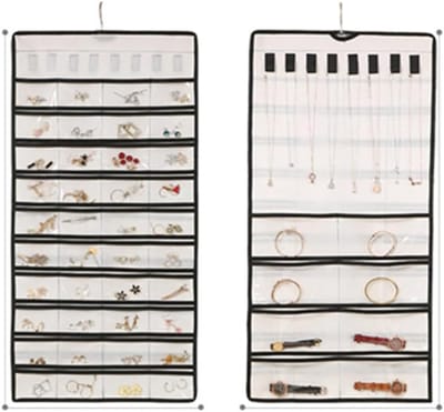 Famanu – Oorbelhouder om op te hangen, hangende sieradenorganizer voor muur of deur, met vakken voor oorbellen en kettingen, beige