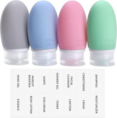 Famanu – Set van 4 siliconen reisflessen - 60 ml - lekvrij - navulbare draagbare reiscontainer voor shampoo - crèmespoeling - BPA-vrij en