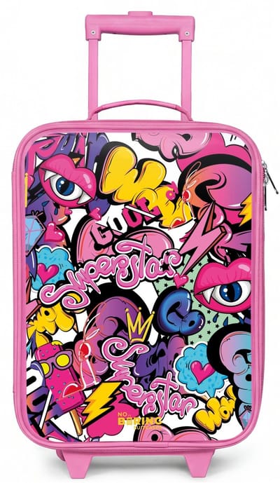NoBoringSuitcases.com® - Kinderkoffer roze - Kindertrolley meisje - Girly graffiti - Koffer kind lichtgewicht - Reiskoffer trolley voor kinderen - Koffertje met lichtgevende wieltjes - Rolkoffer