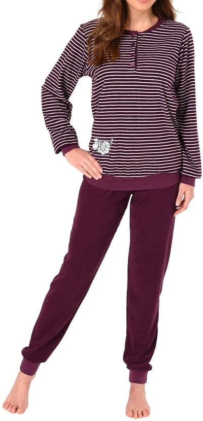 Dames badstof pyjama met lange mouwen, mouwboorden en schattige applicatie - 20 201 13 112
