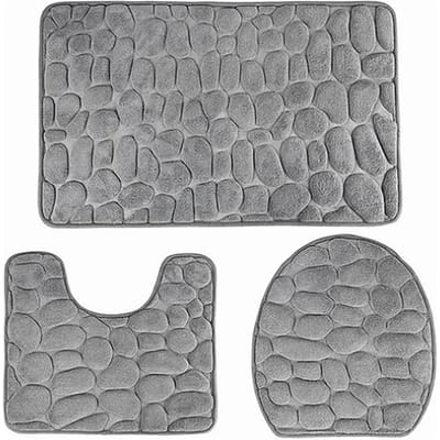 3 Pièces Salle de Bain Galets Gaufrés Tapis de Toilette Bain Antidérapant Tapis de Sol Couvre-Abattant de Toilette Tapis pour grise