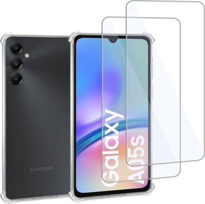 Geschikt voor Samsung Galaxy A05s - Hoesje + 2x Screenprotector – Gehard Glas Cover + Shock Proof Case – Transparant