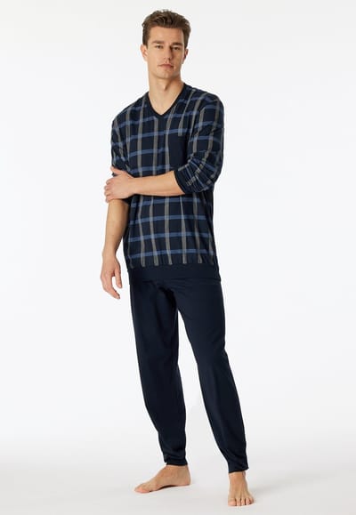 SCHIESSER Comfort Nightwear pyjamaset - heren pyjama lang organic cotton V-hals manchetten borstzak nachtblauw geruit