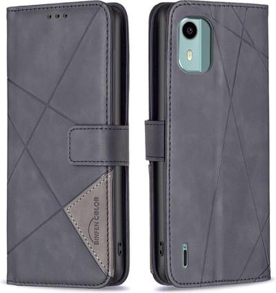 BINFEN Hoesje - Geschikt voor Nokia C12 Hoesje - BINFEN Geometric Book Case - Zwart