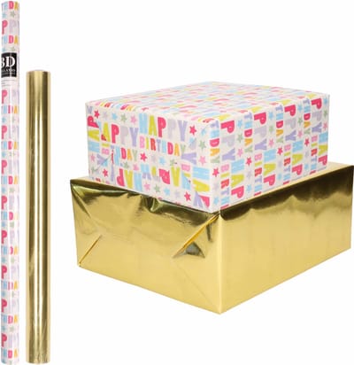 8x Rollen kraft inpakpapier happy birthday pakket - metallic goud 200 x 70/50 cm - cadeau/verzendpapier