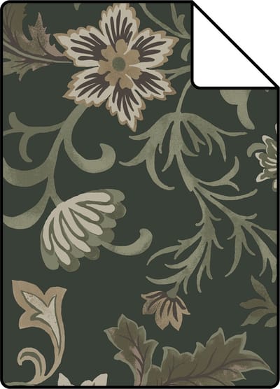 Proefstaal ESTAhome behang vintage bloemen zwart en groen - 26.5 x 21 cm - 139417-S