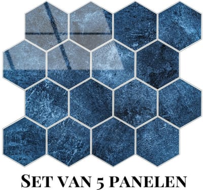 Wallways Wandpanelen - Plaktegels - Set van 5 Tegels - Tegelsticker - Zelfklevende Tegels - 4MM dik - Aluminium toplaag - Waterdicht - Krasbestendig - Hittebestendig - 3M Kleeflaag - Hexagon Deep Blue