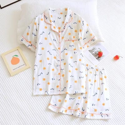 Lente- en Zomerpyjama's voor Dames 100% Katoen Gaas Dun Los Koreaanse Stijl Huiskleding Korte Mouwen XL white