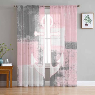 Retro Abstract Verf Schip Anker Roze Raam Tule Gordijnen voor Woonkamer Slaapkamer Hotel Luxe Decoratie Transparante Gordijnen 135W x 114H(cm) white