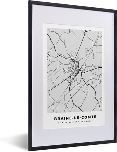 Fotolijst incl. Poster Zwart Wit- België – Braine le Comte – Stadskaart – Kaart – Zwart Wit – Plattegrond - 40x60 cm - Posterlijst