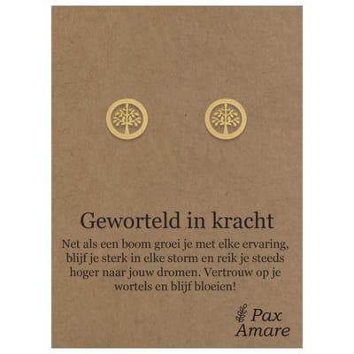 Stainless Steel Levensboom Oorbellen op Cadeau Kaartje - Geworteld in kracht - ± 10x10mm Oorknopjes Goudkleurig Roestvrij Staal - Pax Amare