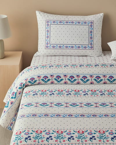 English Home Folk Stripes- Deken - Zomerdekenset - Luxe Uitvoering- Incl. laken 160x240 -Flat sheet - Incl. 1 Kussensloop - 100% Katoen - Een Persoons - 150x220 cm - Blauw / Roze