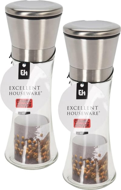 Excellent Houseware Pepermolen en zoutmolen - glas/rvs - Instelbare maalgraad - keramische maler
