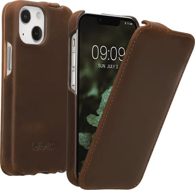 kalibri flip cover geschikt voor Apple iPhone 13 mini - ultradunne leren hoes voor smartphone - bruin
