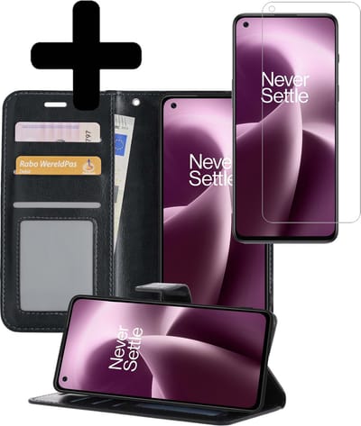 Hoesje - Met Screenprotector - Geschikt voor OnePlus Nord 2T - Luxe Pasjeshouder - Bookcase Portemonee - Flip Case - Kunstleer Book Case - Flipcase - Book Cover - Walletcase - Portemonneehoes - Telefoonhoesjes - Zwart